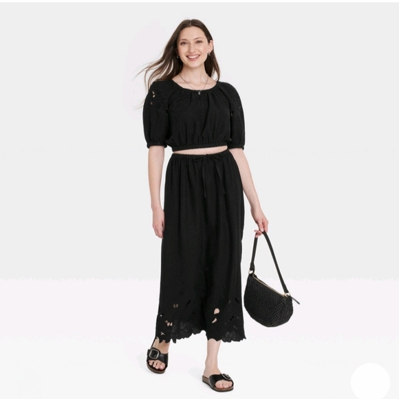 Women's Openwork Puff Elbow Sleeve Blouse - Universal Thread Black S - Picture 3 of 3